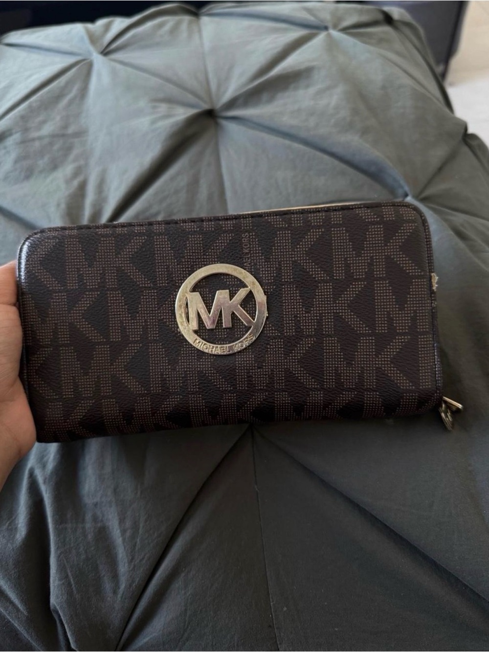 Michael Kors Dark Brown MK Logo Zip-Around Wallet with Silver Emblem